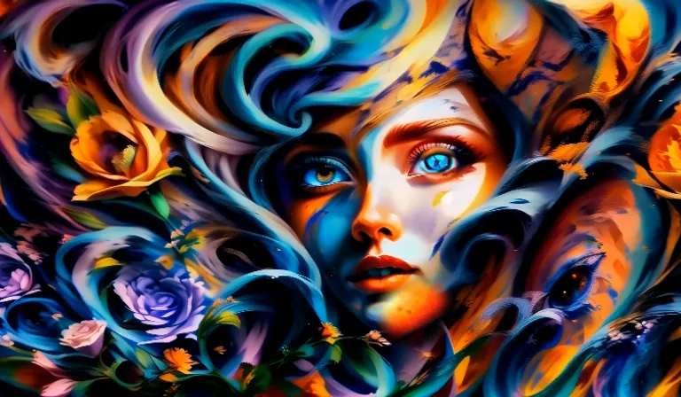 a painting of a woman's face surrounded by flowers