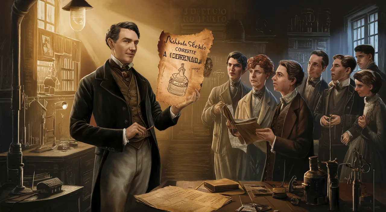 a painting of a man holding a piece of paper in front of a group of