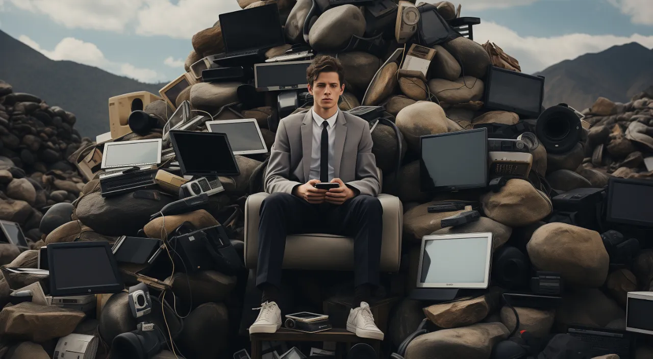 A young Asian man is sitting on a mountain of mobile equipment and computers, the camera is moving away, a 35mm style photo