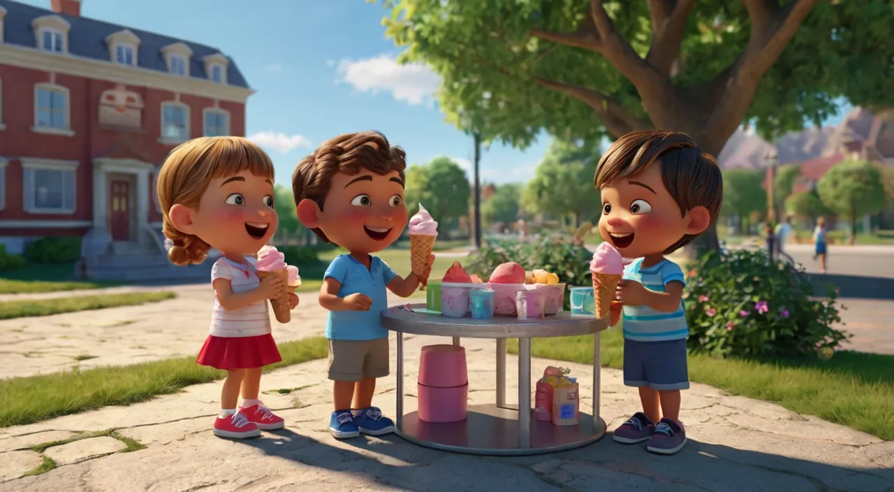 a group of children standing around a table with ice cream