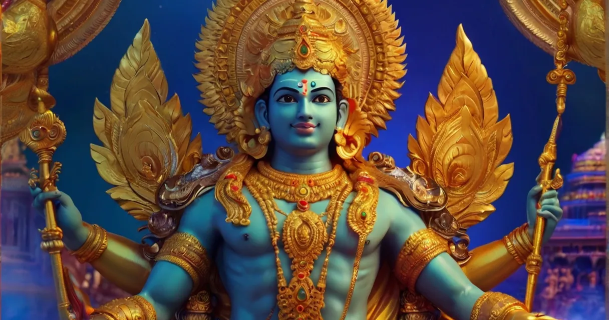 a statue of a hindu god in a blue and gold outfit