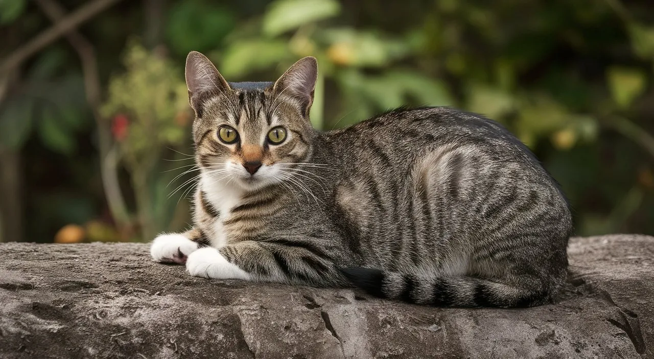 a cat sitting on top of a stone wall