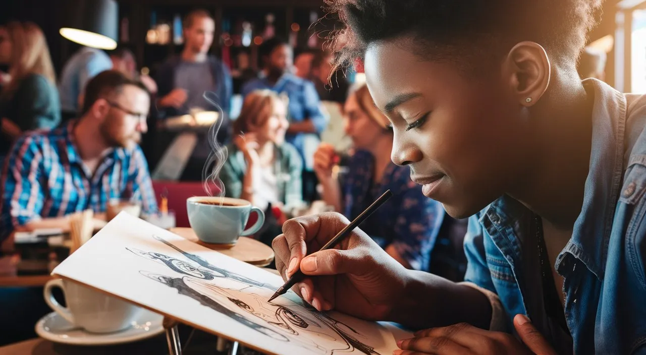 Close-up of a young artist sketching in a crowded coffee shop, capturing the passion and creativity.