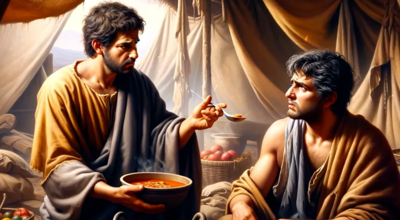 a painting of two men eating soup together