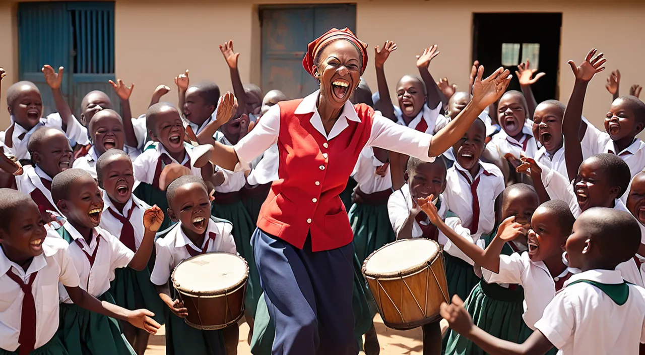 a woman in a red vest and a group of children