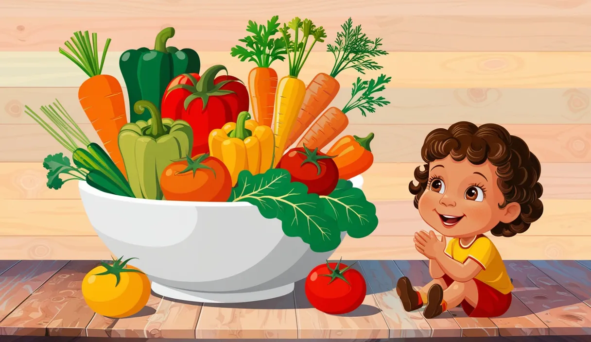 a boy sitting in front of a bowl of vegetables