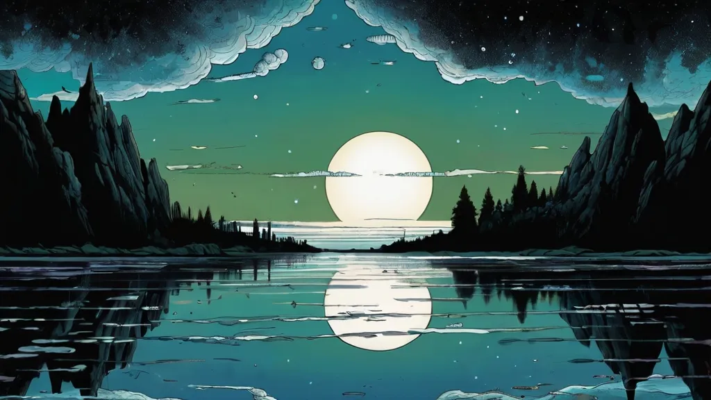 a painting of a full moon over a lake