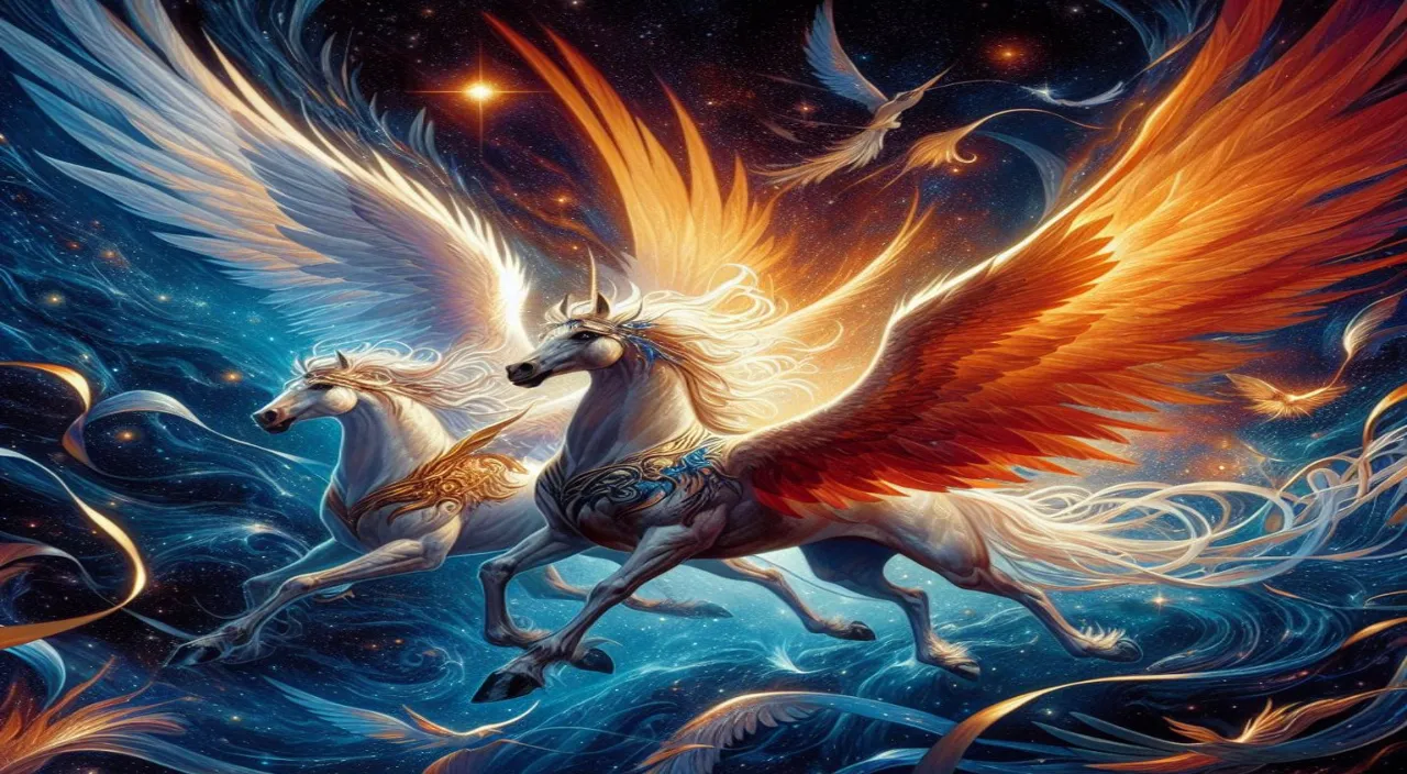 a painting of two white horses with orange wings