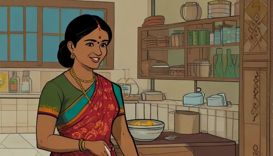 a woman standing in a kitchen with a bowl of food