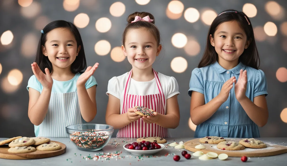 three little girls standing in front of a table with cookies