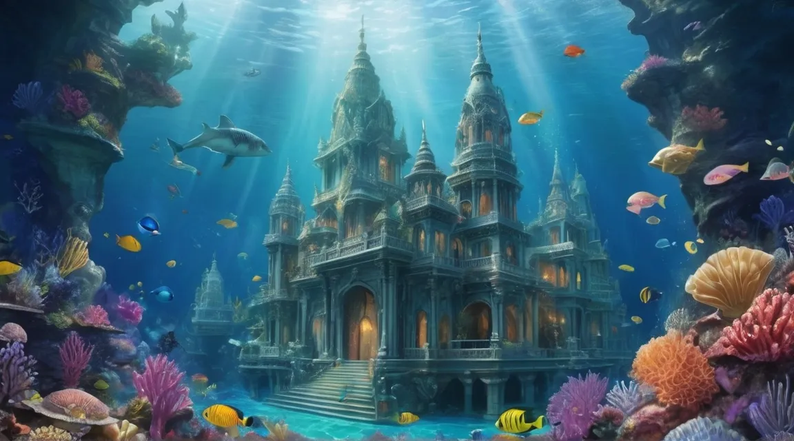 an underwater castle surrounded by corals and fish