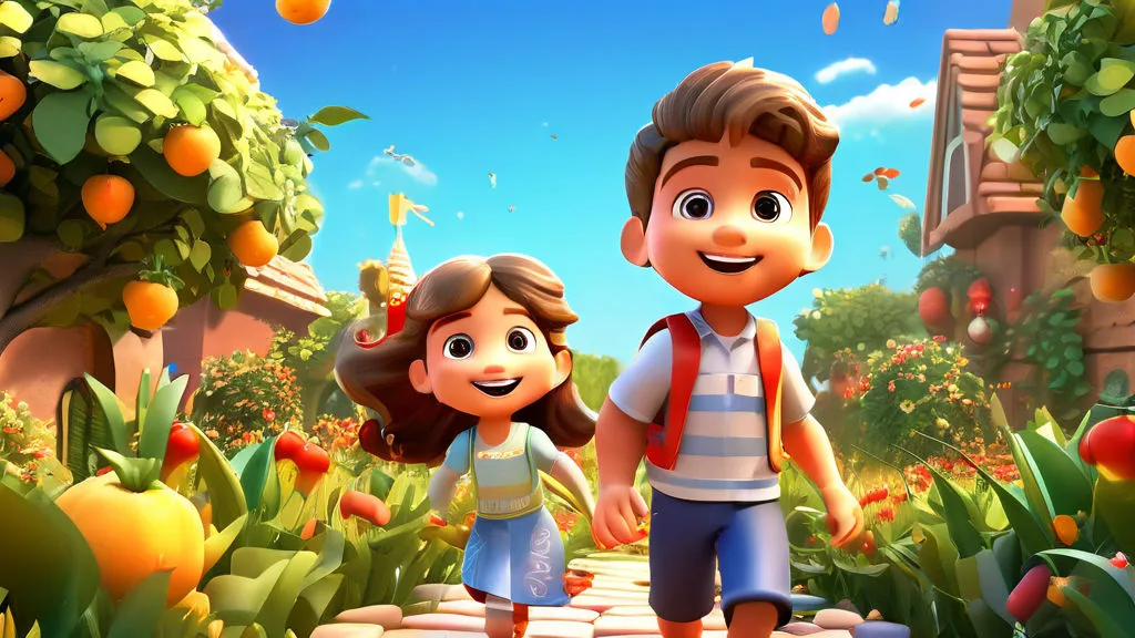 a boy and a girl are walking through a garden full of vegetables