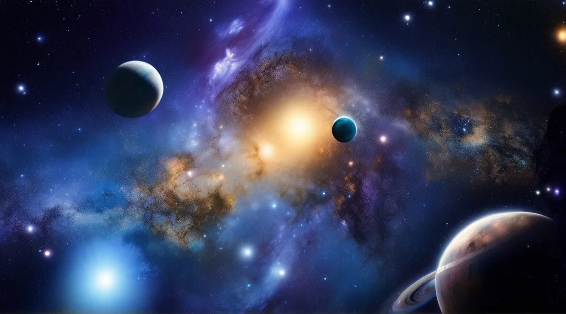 an artist's rendering of a solar system with planets and stars in the background