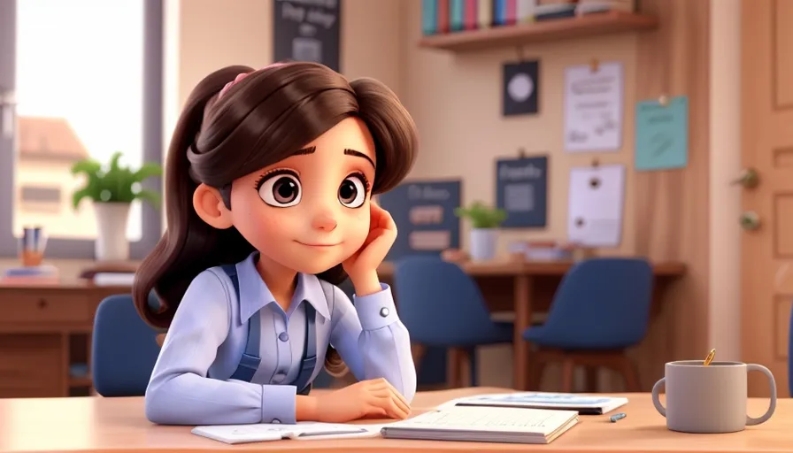 a cartoon girl sitting at a desk with a laptop