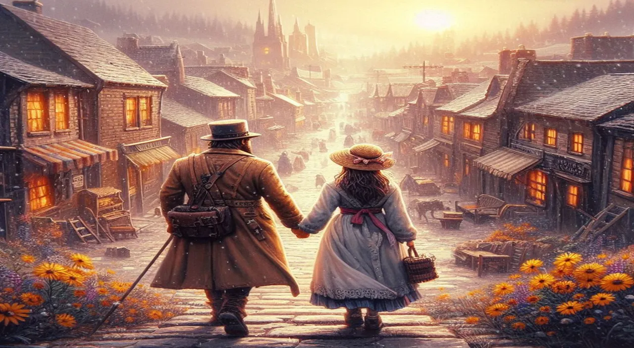 a painting of two people walking down a street