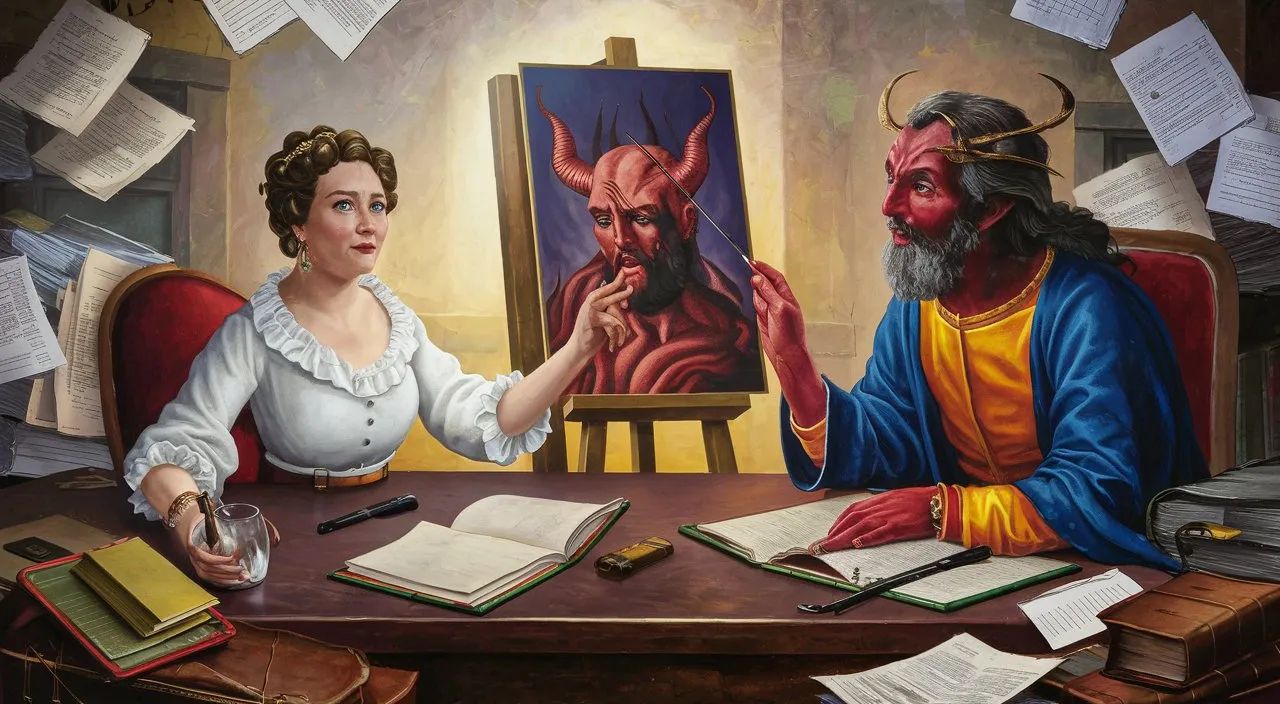 a painting of a devil and a woman sitting at a table