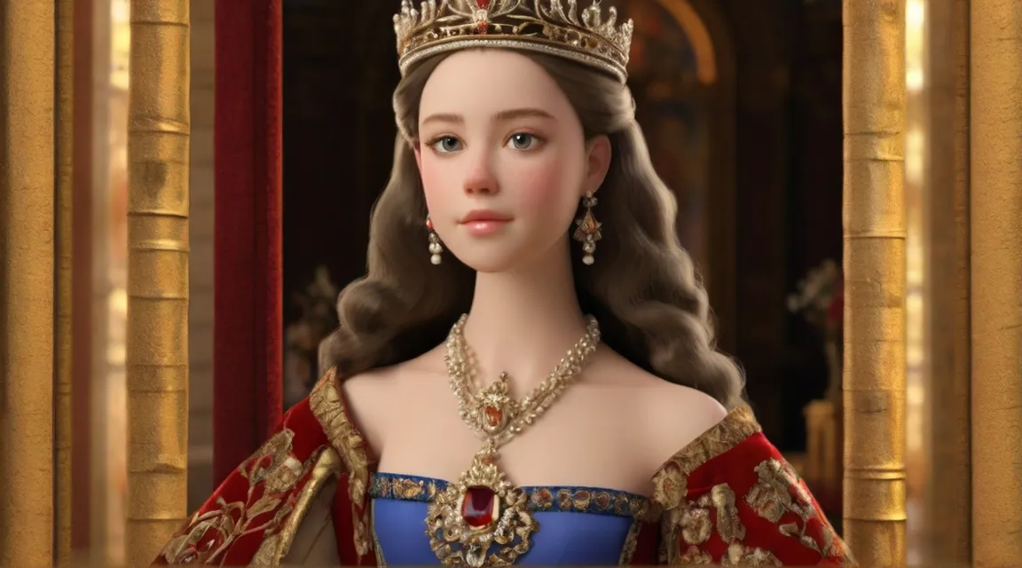 A close-up of a regal portrait capturing Princess Isabella's innocent gaze, adorned in royal attire with a golden tiara reflecting her royal lineage