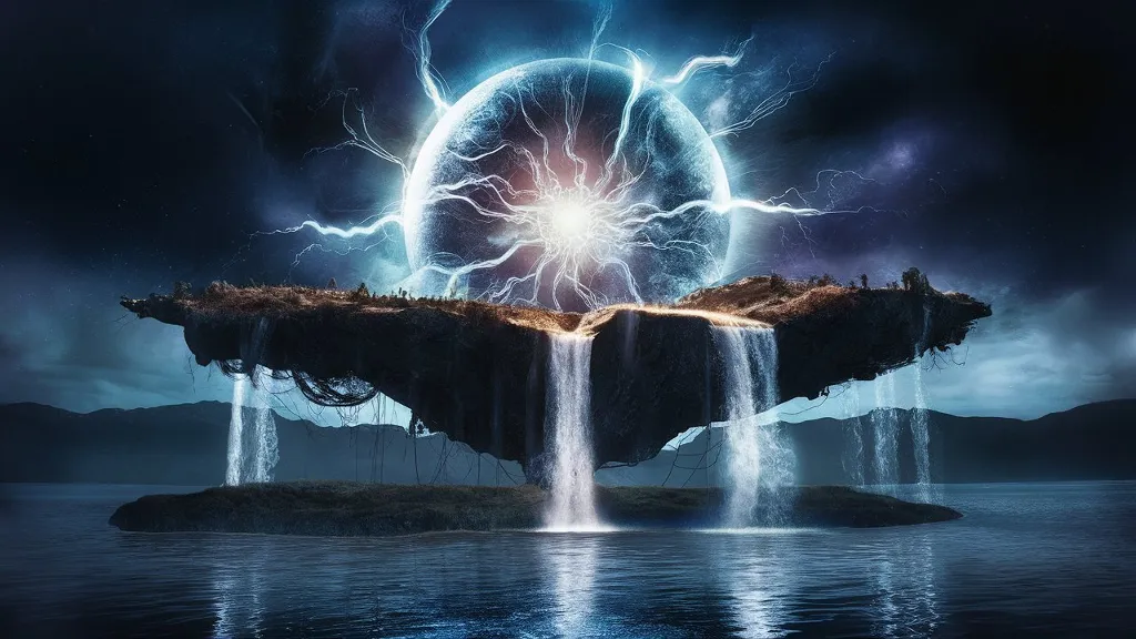 A breathtaking cinematic scene of a floating alien island in the sci-fi fantasy movie universe. The island is dominated by a massive electrical energy sphere, which emits a radiant glow. Energy-charged water flows from the sphere, cascading into a serene lake. The reflections of the cosmos on the water's surface create a mesmerizing visual effect. The drone footage captures the 4K quality of this otherworldly landscape, immersing viewers in the fantastical world of this blockbuster movie.