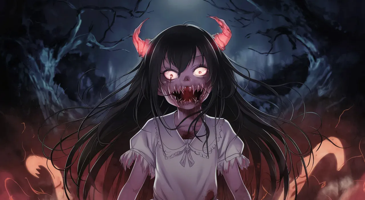 a girl with long black hair and red eyes standing in a dark forest