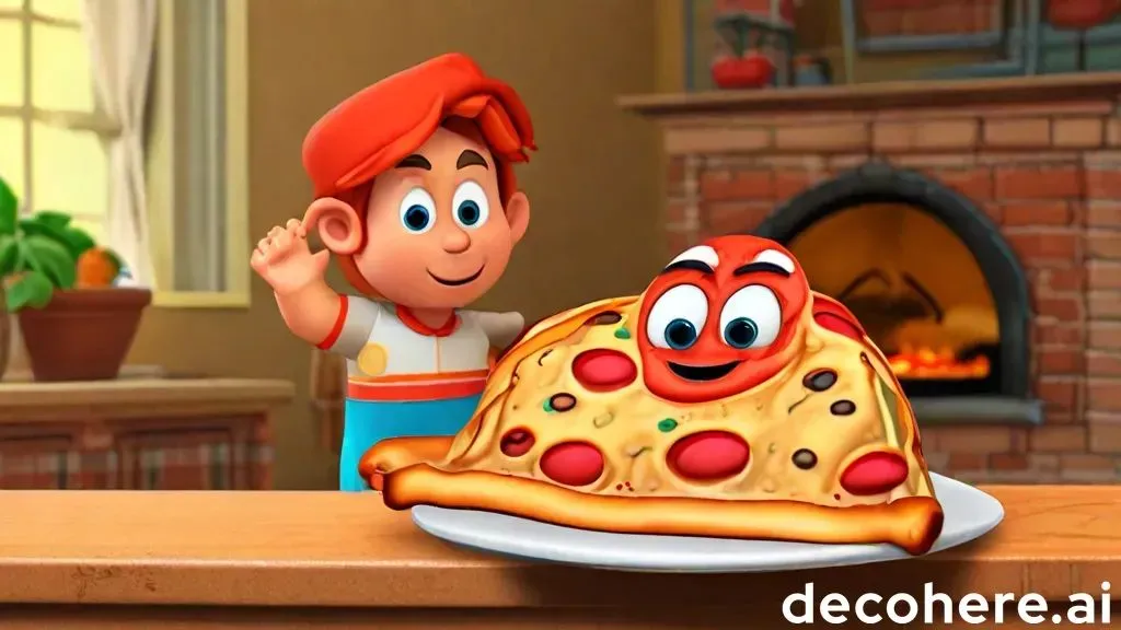 a cartoon character next to a pizza on a plate