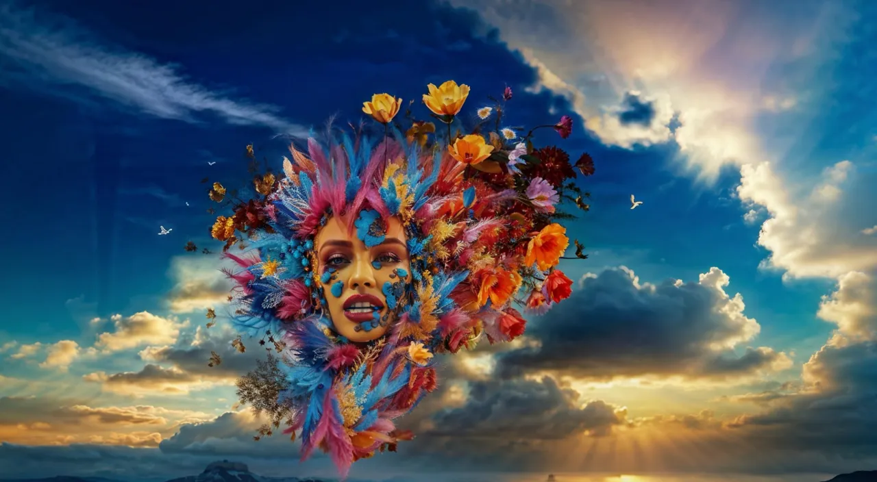 a woman's face is surrounded by flowers and MUSICAL NOTES