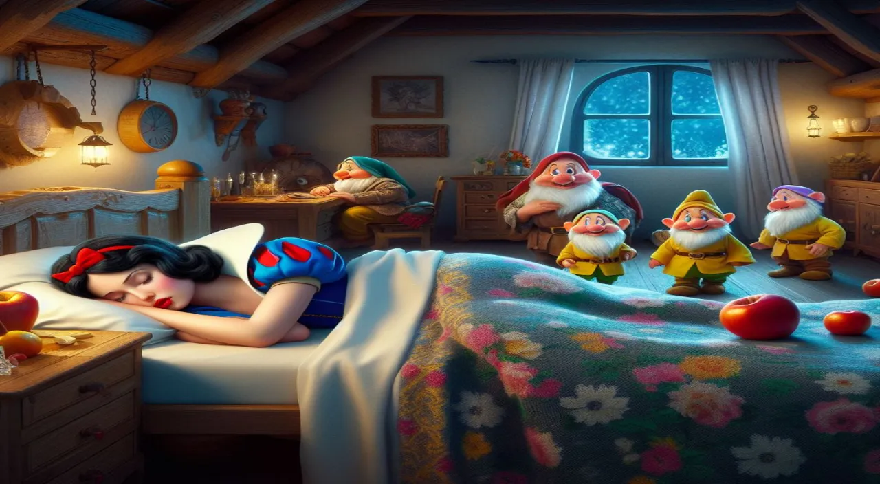 a woman sleeping in a bed surrounded by gnomes