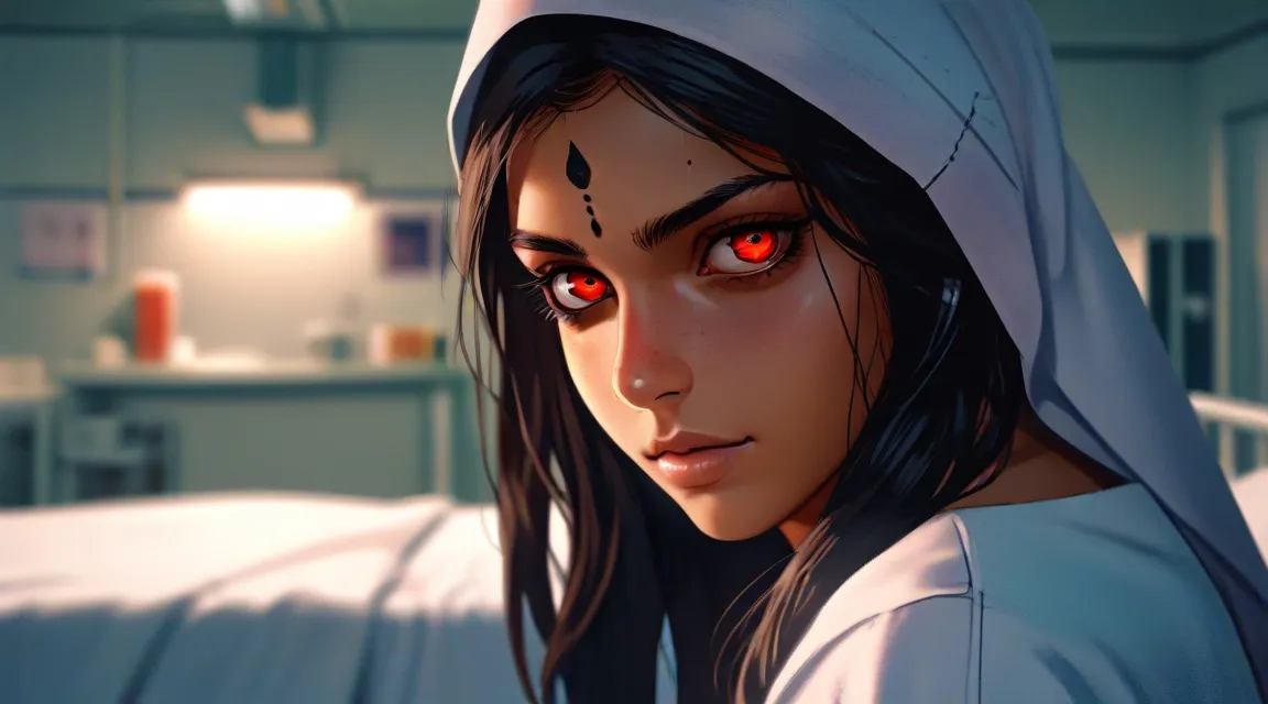 a woman with red eyes in a hospital room