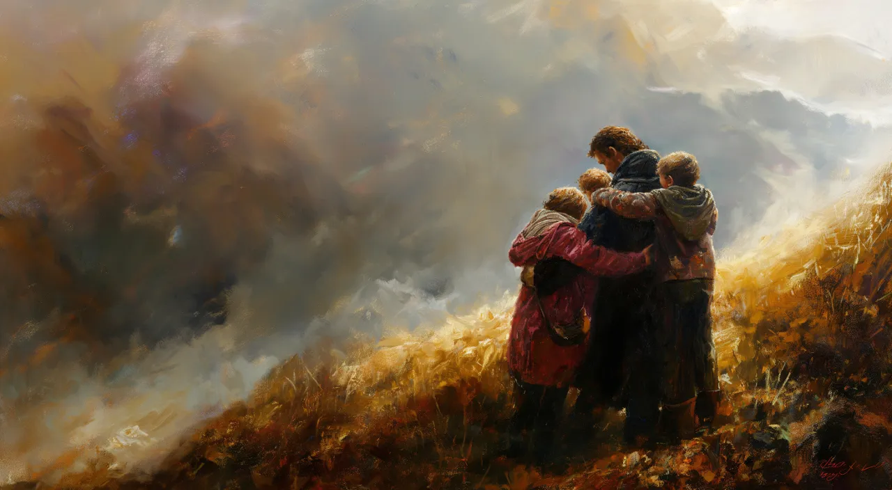 a painting of people embracing each other