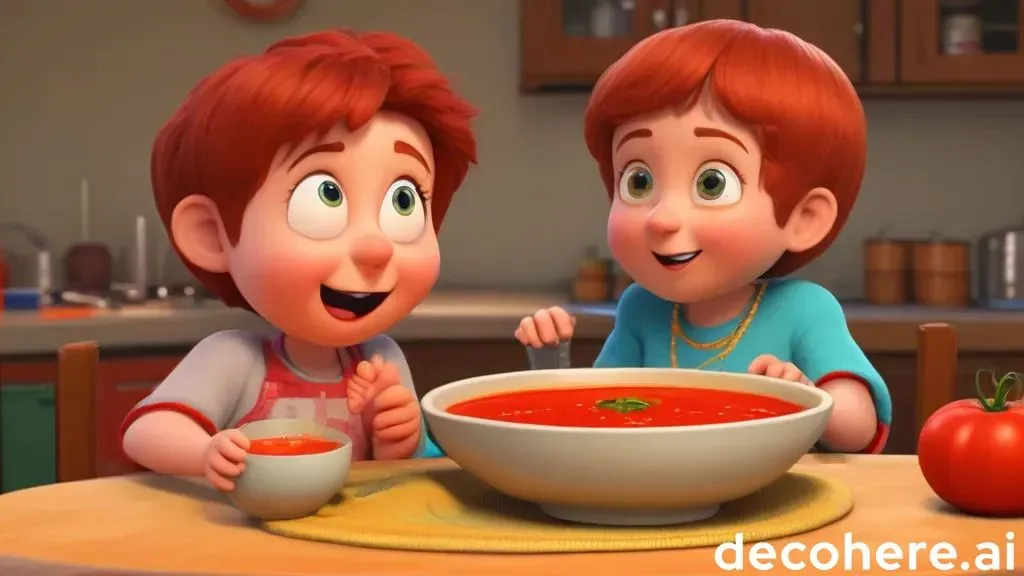 a couple of kids sitting at a table with a bowl of soup