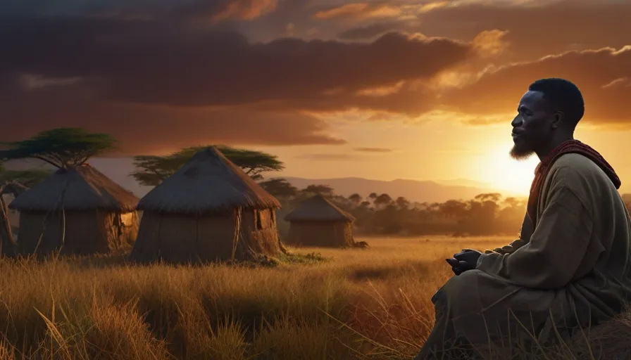 a man sitting in a field with a sunset in the background