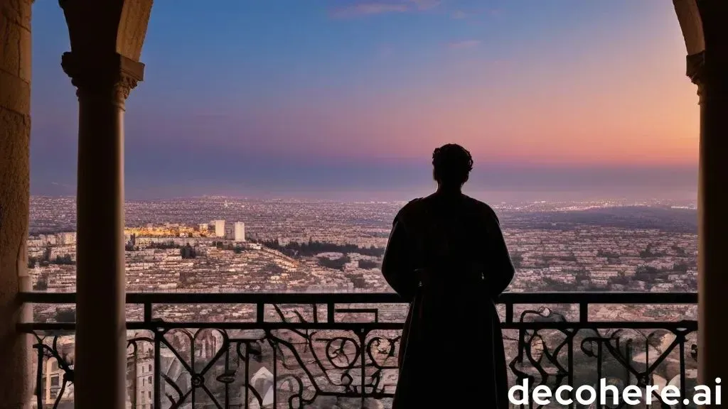 a person standing on a balcony overlooking a city