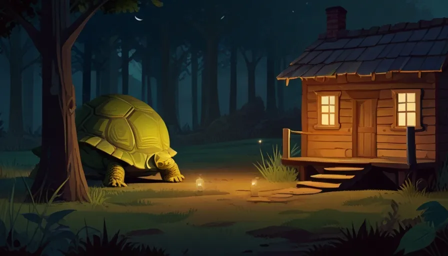 a tortoise in a forest next to a cabin