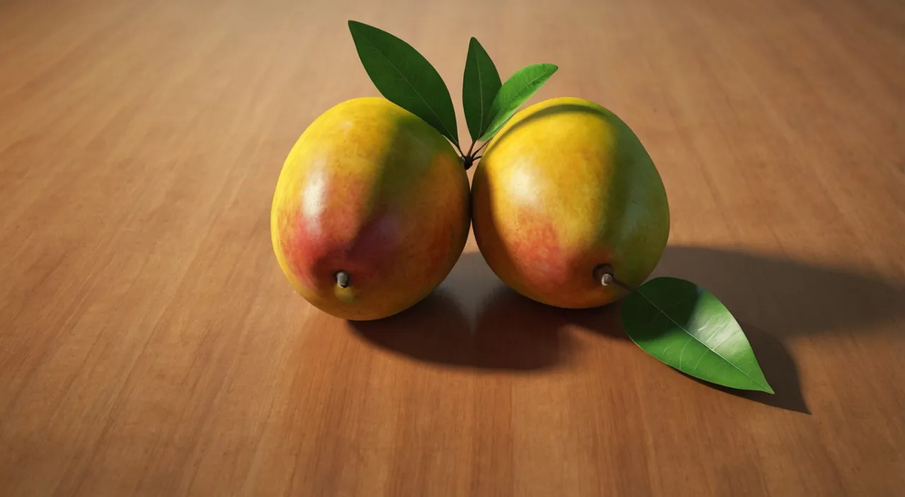 two mangoes with green leaves on a wooden table