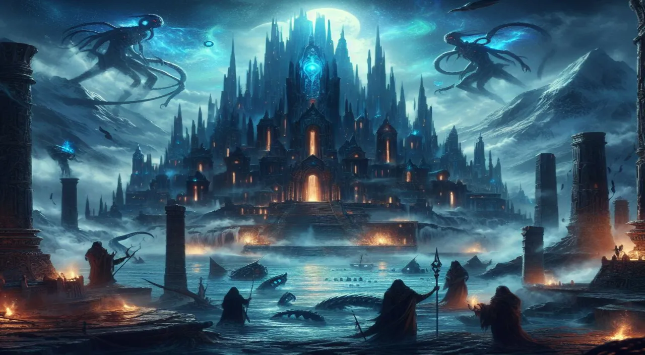 a painting of a castle surrounded by monsters