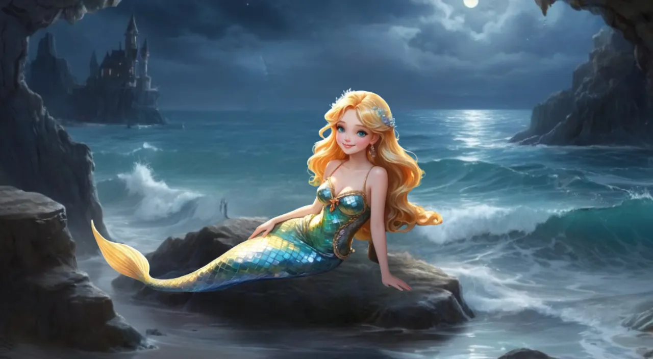 a painting of a mermaid sitting on a rock