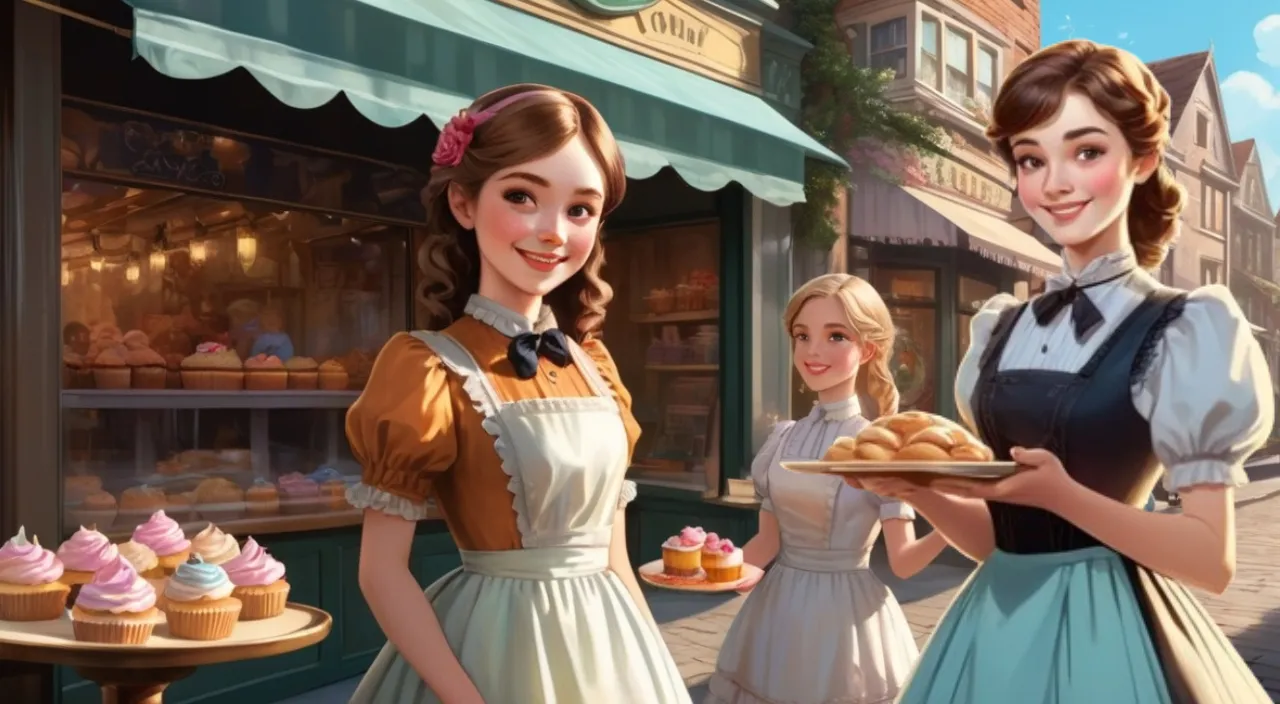 a painting of two women , one holding a tray of cupcakes and serving them