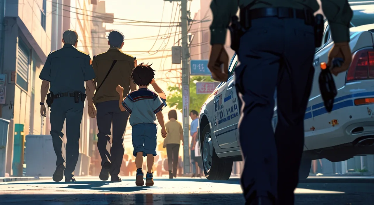 a child and his parents walking down a street next to a police car