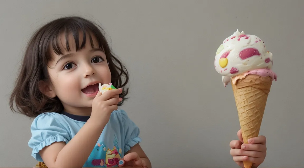 a little girl eating an ice cream and looking happy, slow movement, 