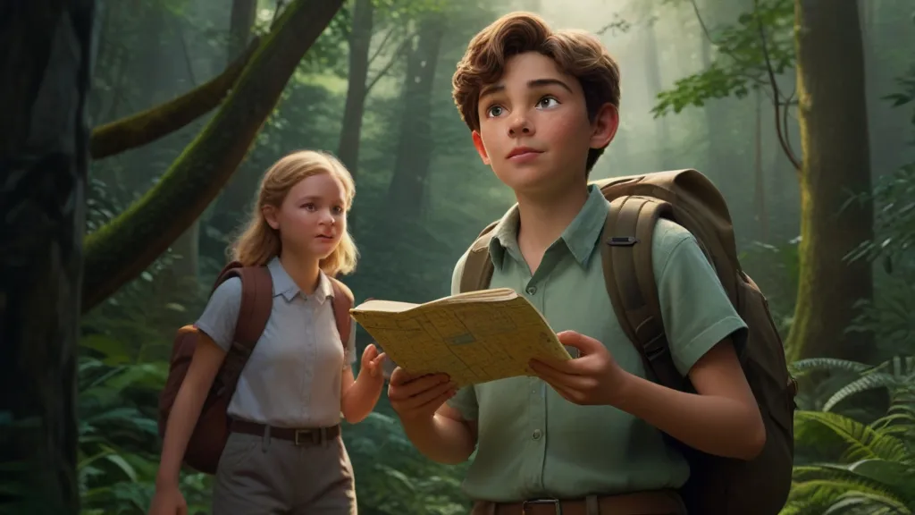 a boy and a girl looking at a map in the woods