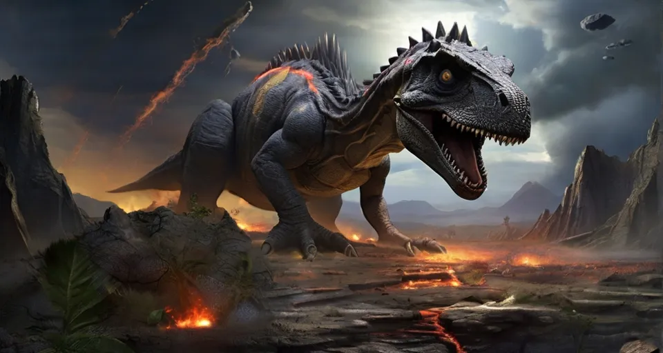 a large dinosaur running on top of a rocky field, every were asteroids falling from space