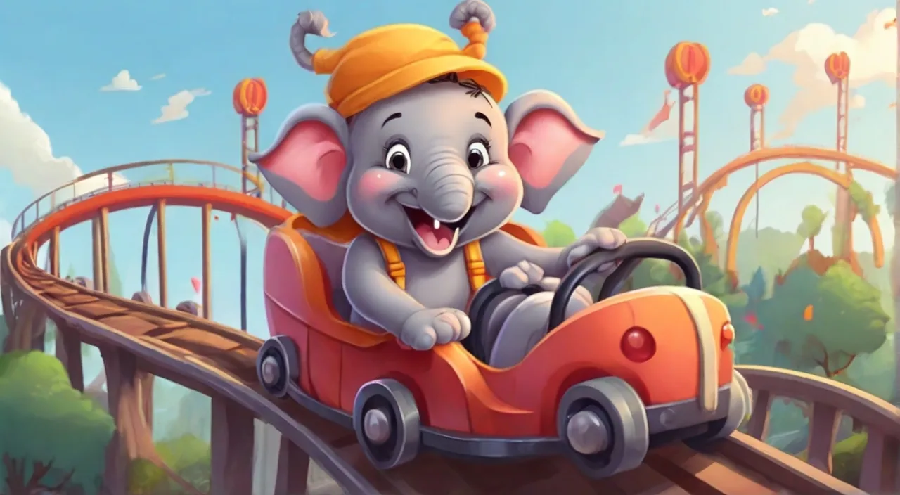 a cartoon elephant riding on a roller coaster