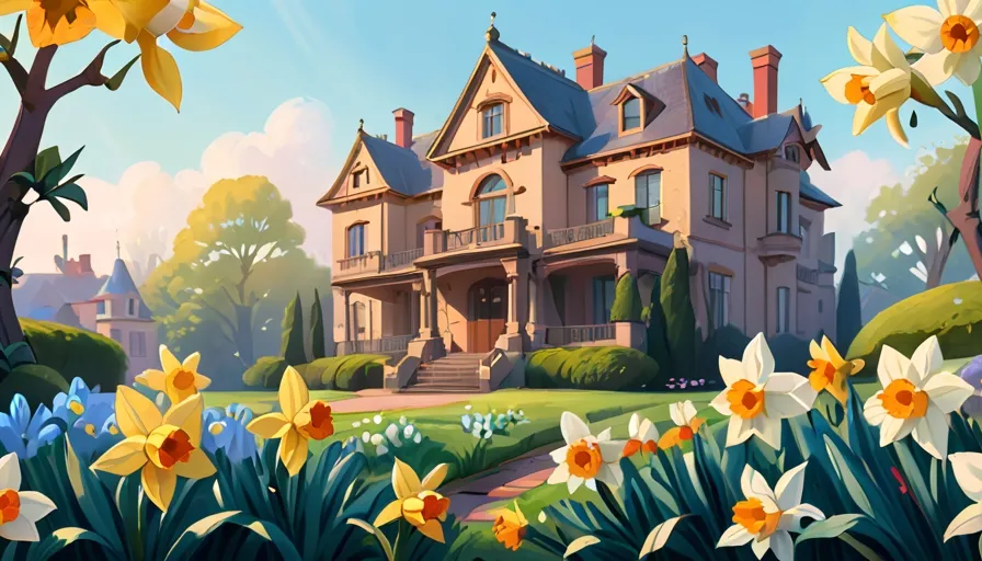 a painting of a large house with daffodils in front of it