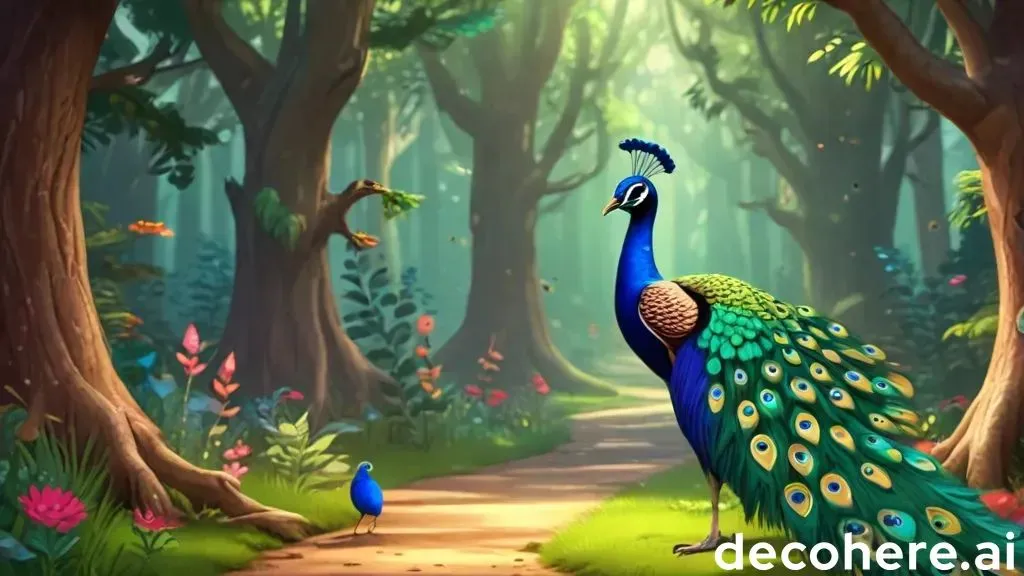 a painting of a peacock standing in the middle of a forest