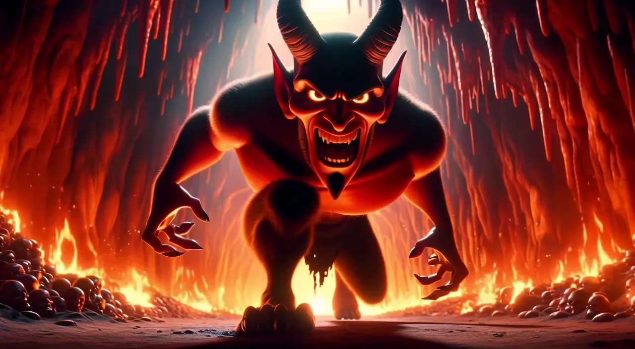 a demonic demon standing in front of a fire filled cave