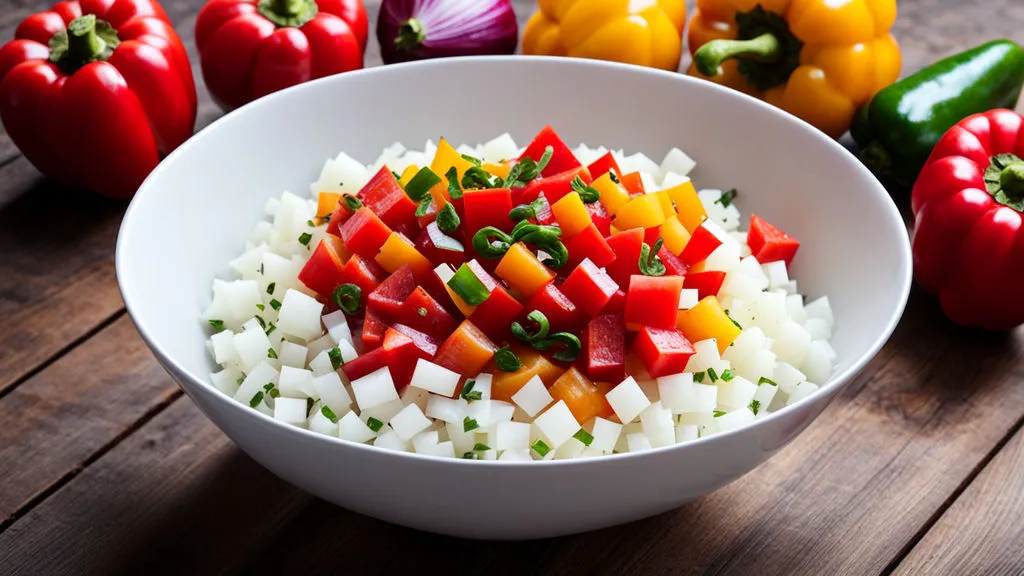 a white bowl filled with chopped vegetables on top of a wooden table