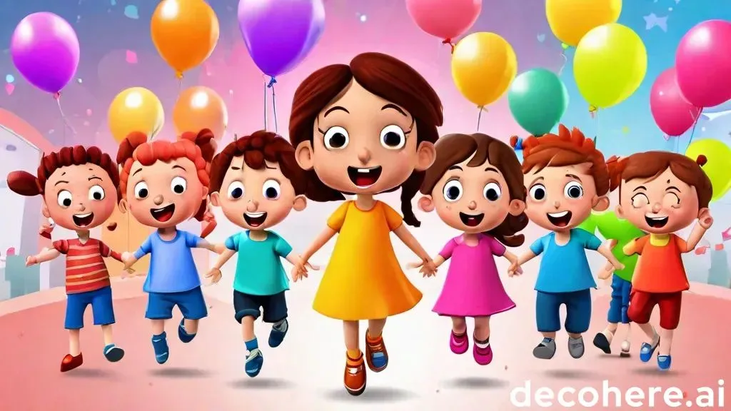 a group of children holding hands with balloons in the background