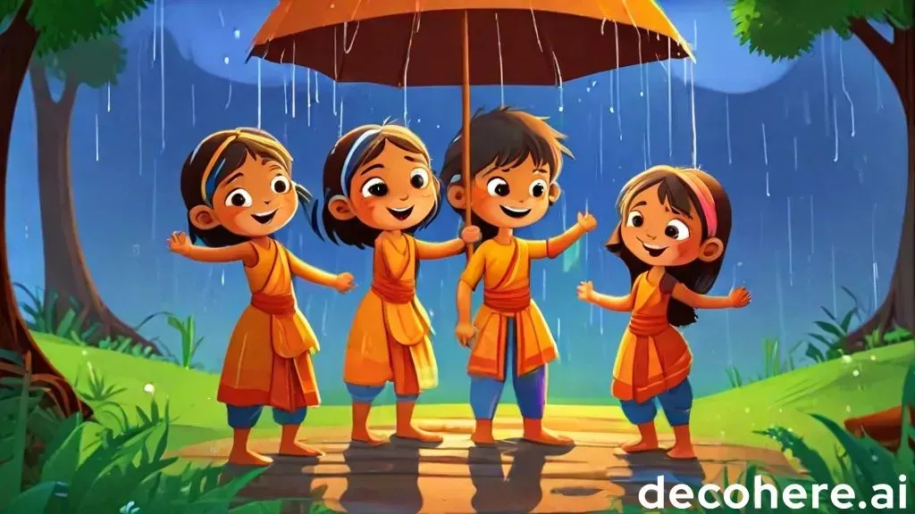 a group of children standing under an umbrella in the rain