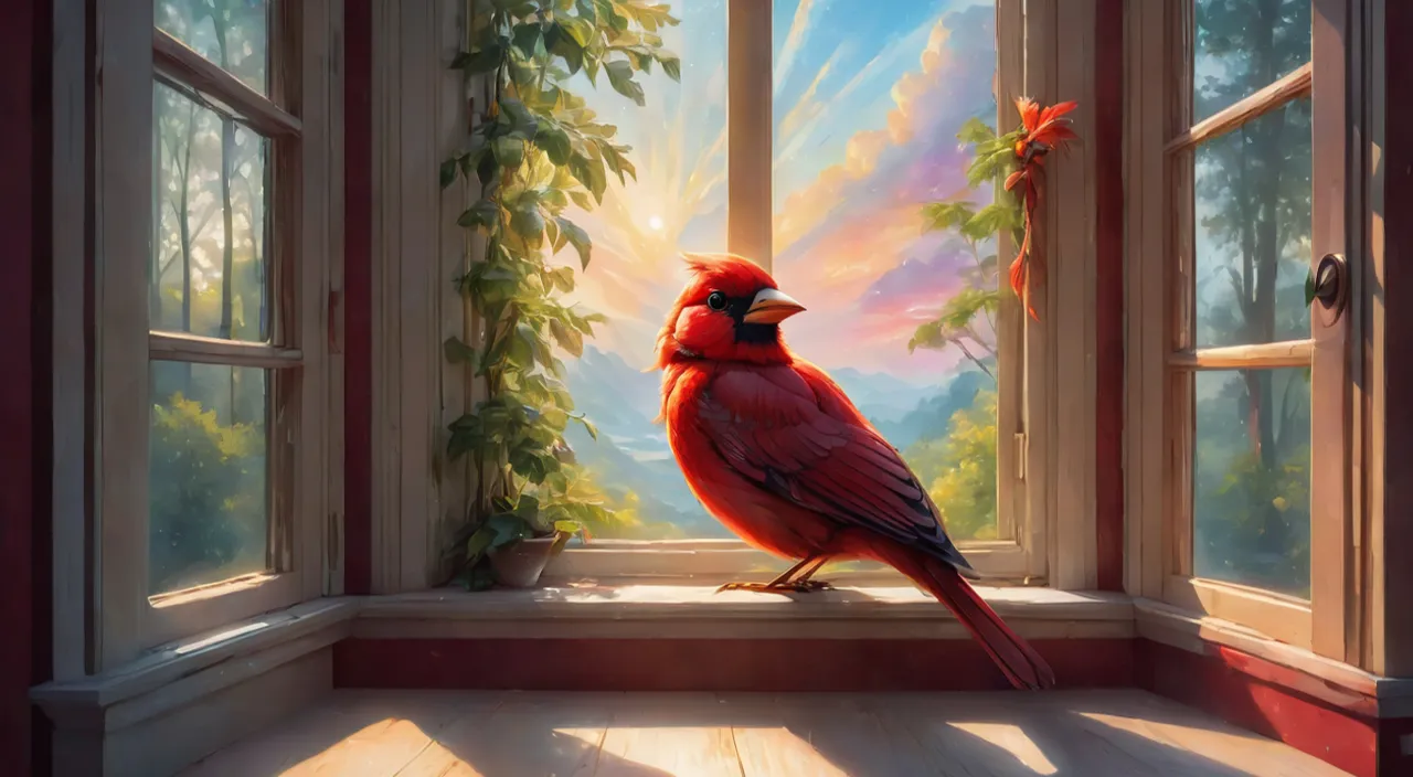 a red bird is sitting on a window sill