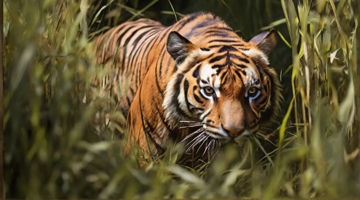 a tiger walking through tall grass in a forest