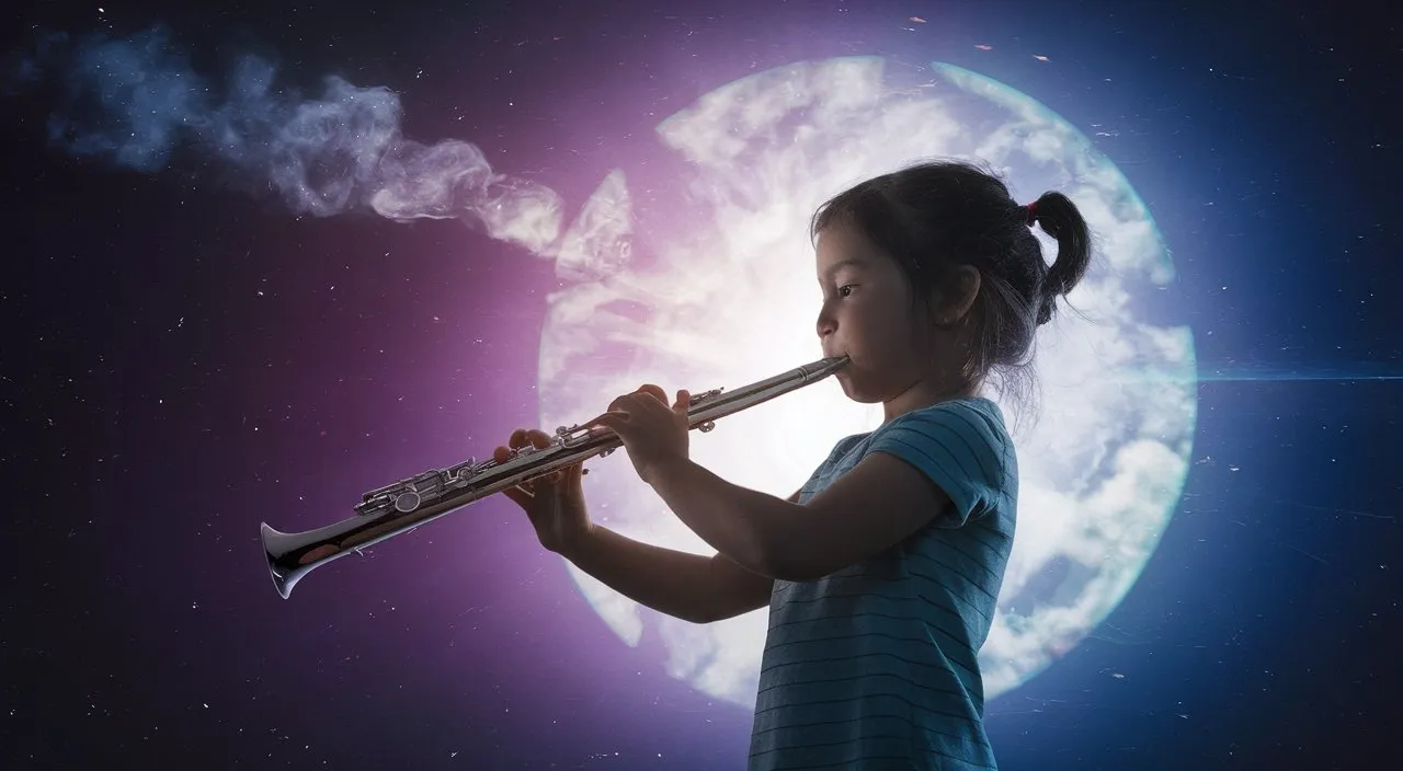 a young girl playing a flute in front of a full moon